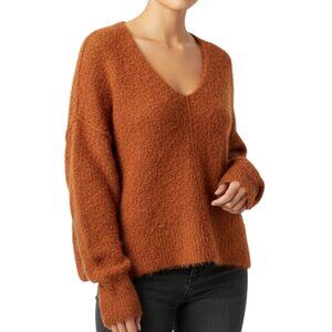 Free People Brown Fuzzy V Neck Nylon Pullover Sweater, M
